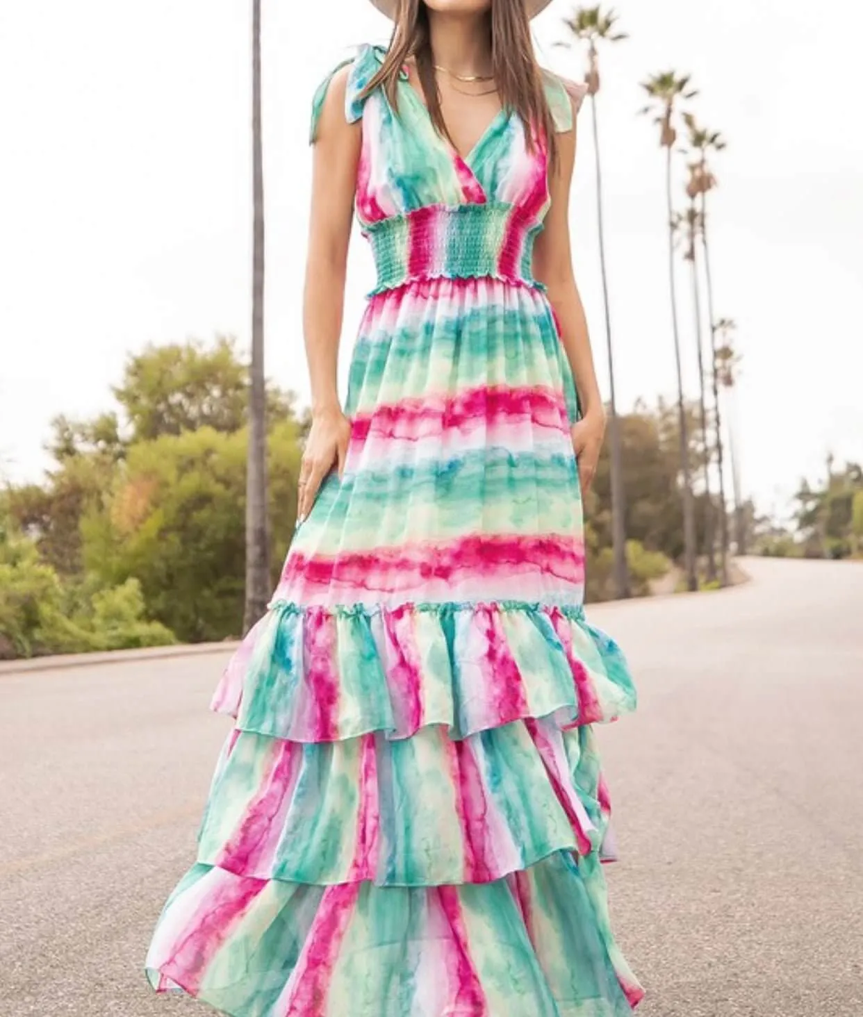 The Shelby Dress: Shoulder Tied Ruffled Colorful Maxi Dress
